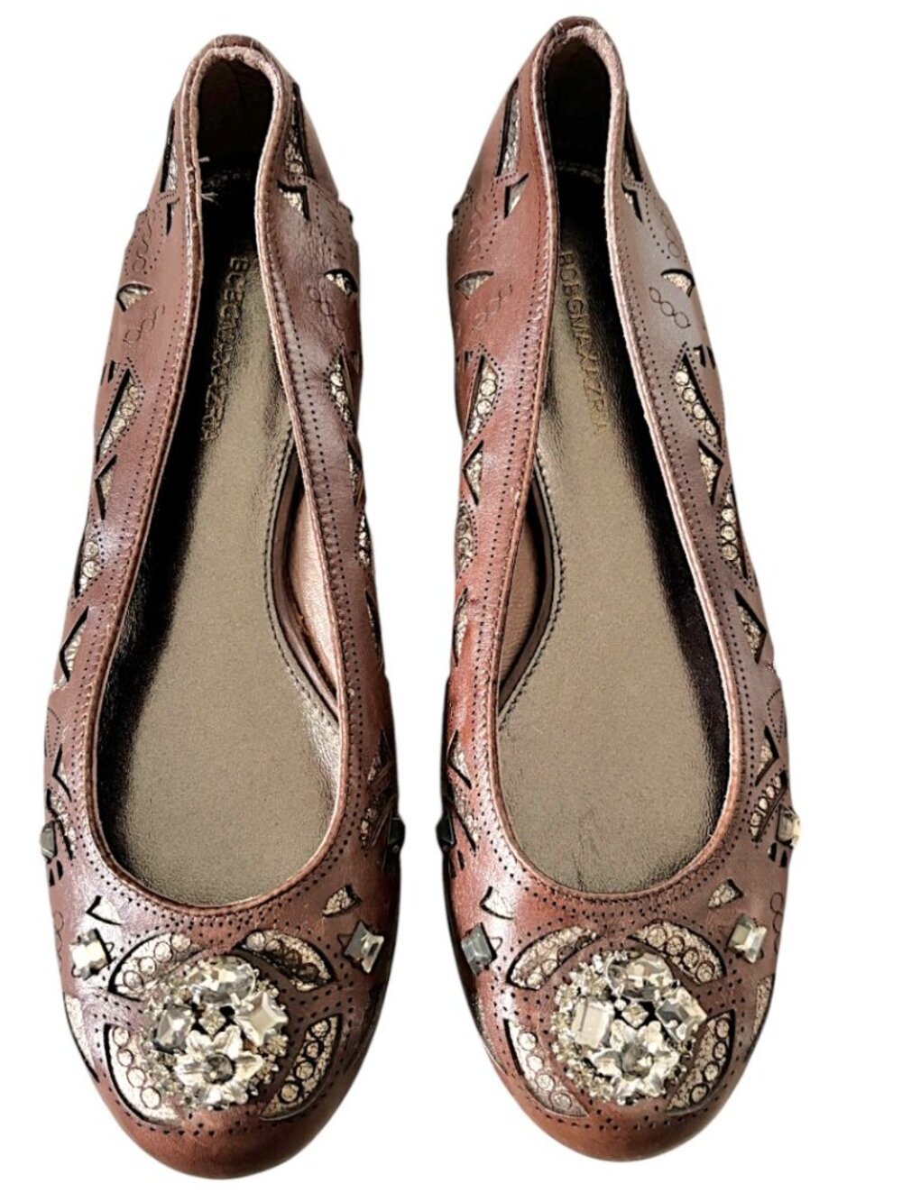 BCBG, SIZE 7/37, BROWN BALLET FLATS WITH RHINESTONES